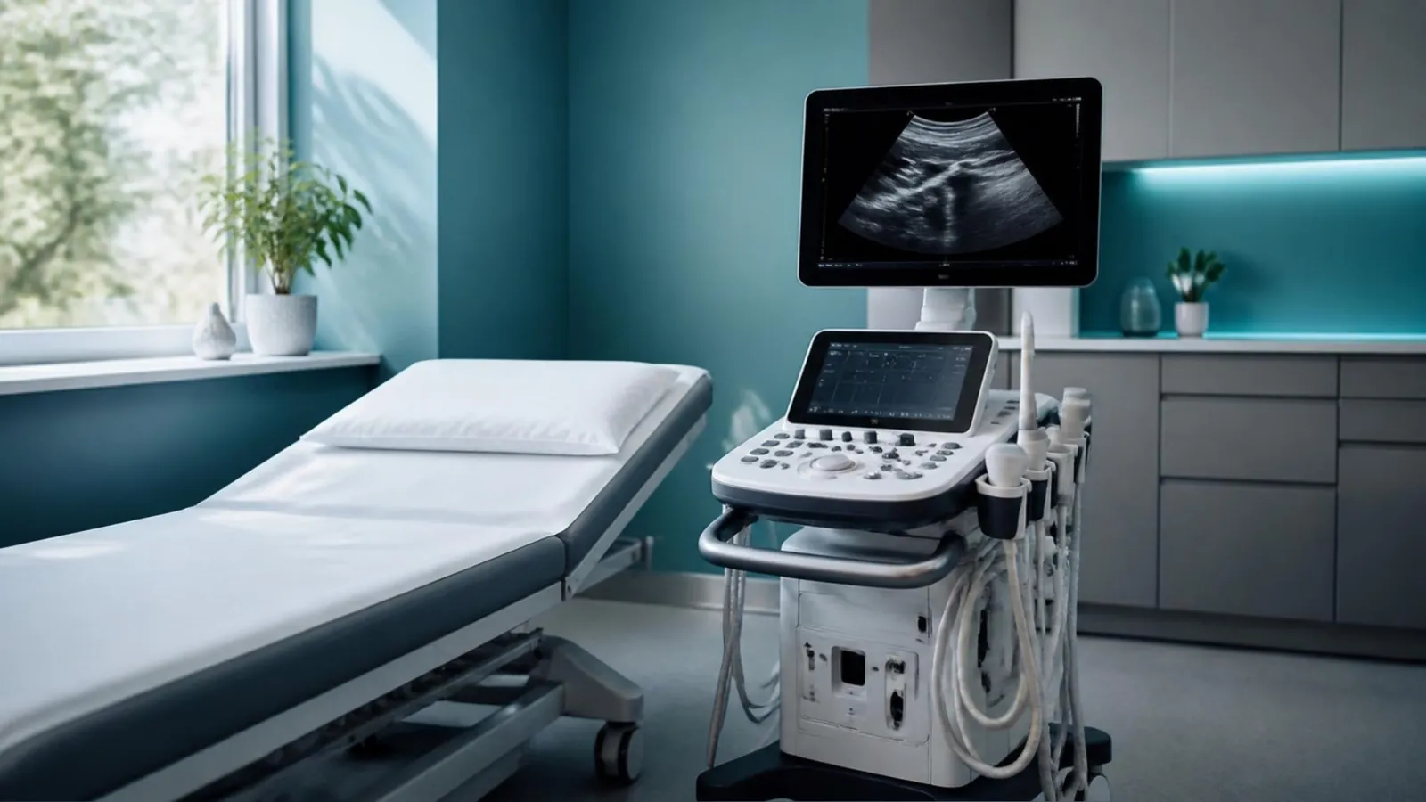 A modern ultrasound examination room: a cart-based ultrasound machine beside an empty patient bed.